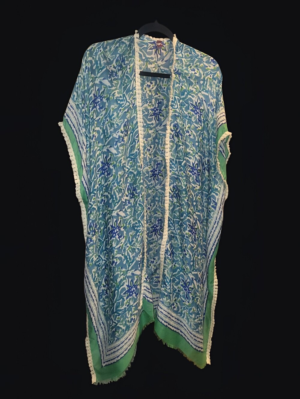g. Brand Boho Blue & Green Tropical Fringe Kimono